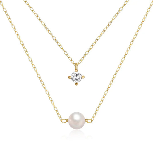 ||  Single Zirconia & Pearl Double Necklace